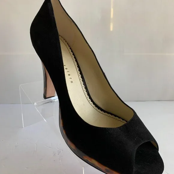 Martinez Valero Black Suede Leopard Print Platform Peep Toe Heels - Sz. 11m - Picture 2 of 7